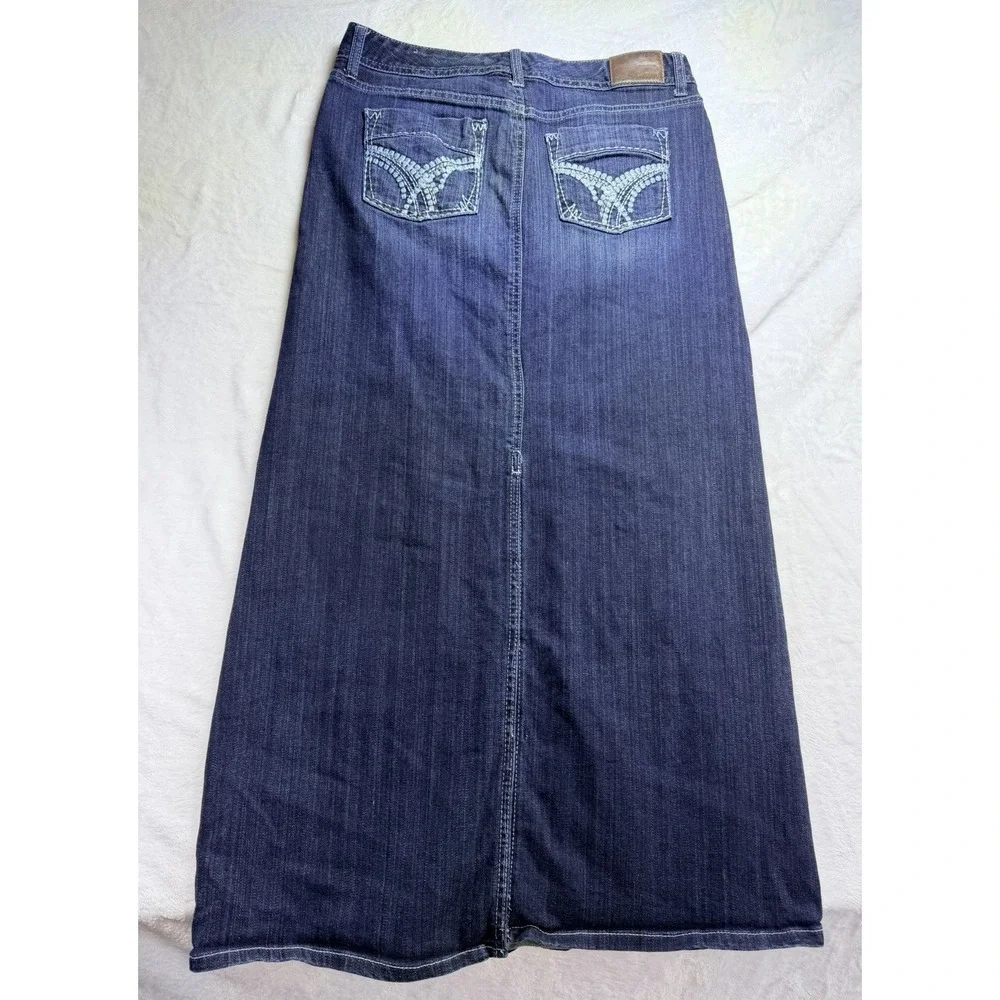 Maurices Dark Wash Denim Maxi Skirt Y2K Boho Embroidered Pockets Size 7/8